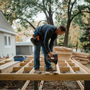 construction worker building a new wooden deck for residential project by All Over Solutions in Glen Rose, Texas